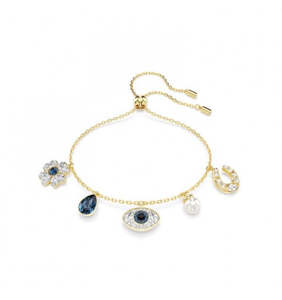 SWAROVSKI PULSERA SYMBOLICA, PERLA DE CRISTAL,
 TREBOL, OJO TURCO Y HERRADURA AZUL, BAÑO TONO ORO