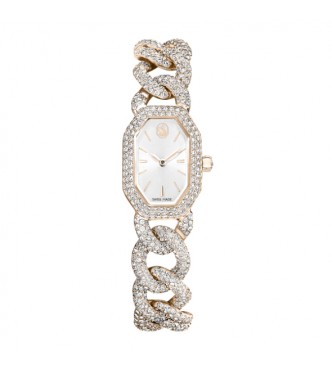 SWAROVSKI RELOJ DEXTERA CHAIN, FABRICADO EN SUIZA, PULSERA DE CRISTAL BLANCO, ACABADO TONO ORO CHAMPAN