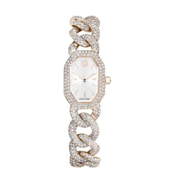 SWAROVSKI RELOJ DEXTERA CHAIN, FABRICADO EN SUIZA, PULSERA DE CRISTAL BLANCO, ACABADO TONO ORO CHAMPAN