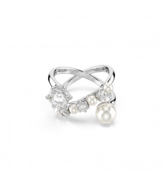 SWAROVSKI ANILLO COCTEL MATRIX, PERLA DE CRISTAL,
 TALLA REDONDA, BLANCO, BAÑO DE RODIO