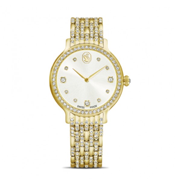 SWAROVSKI RELOJ IMBER, FABRICADO EN SUIZA, BRAZALETE DE METAL,
 TONO DORADO, ACABADO TONO ORO