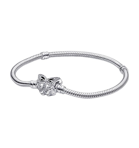 590782C01-20 Snake chain sterling silver bracelet with butterfly clasp with clear cubic zirconia
