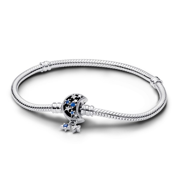 592819C01-21 Snake chain sterling silver bracelet with moon clasp with stellar blue crystal and clear cubic zirconia