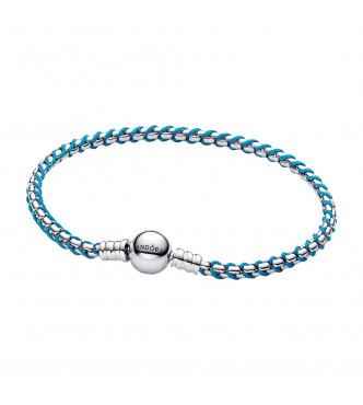 PANDORA 593816C01 Braided sterling silver box chain bracelet with turquoise textile cord