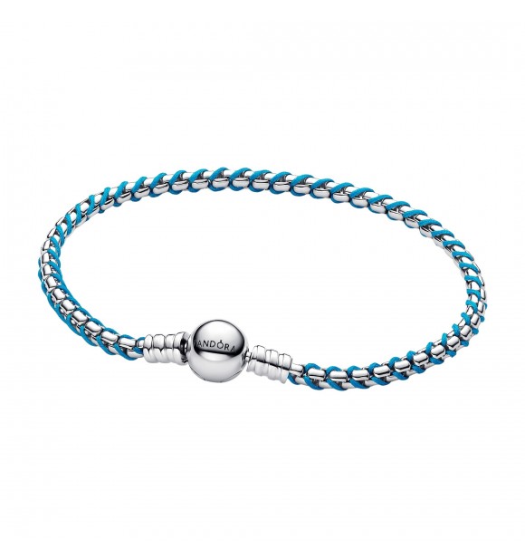 PANDORA 593816C01 Braided sterling silver box chain bracelet with turquoise textile cord