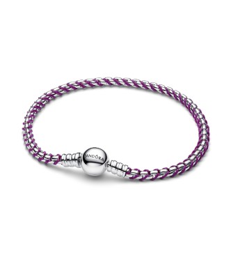 593816C03-20 Braided sterling silver box chain bracelet with purple textile cord