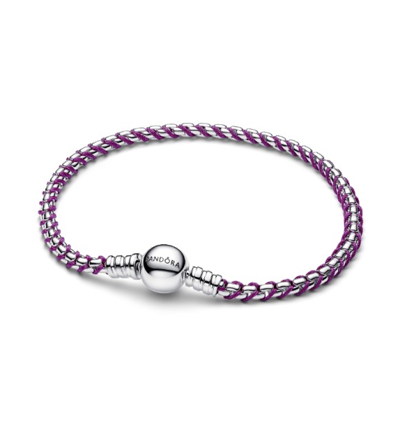 593816C03-20 Braided sterling silver box chain bracelet with purple textile cord