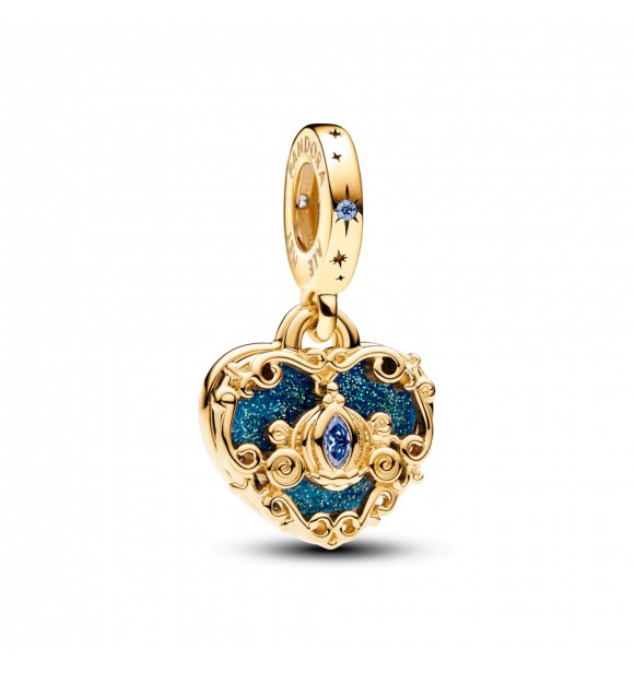 PANDORA 763072C01 Colgante doble con diseño de corazón de Cenicienta de Disney,
 chapado en oro de 14 quilates, con elegante circonita cúbica azul claro y esmalte azul brillante