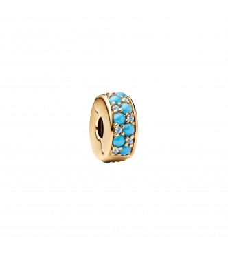 PANDORA 763902C01 14k gold-plated clip with icy blue and capri blue crystal and silicone grip
