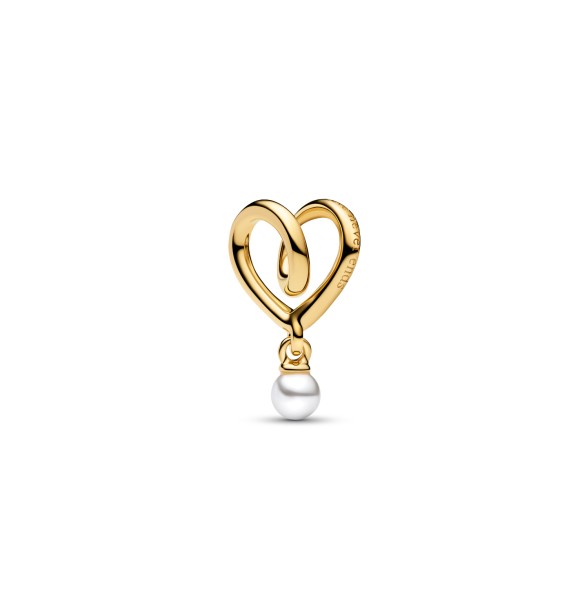 PANDORA 764138C01 Charm de corazón envuelto bañado en oro de 14k con perla artificial lacada en blanco