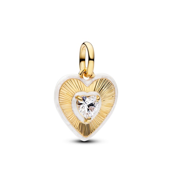 PANDORA 764409C01 Heart 14k gold-plated medallion with clear cubic zirconia and shimmering white enamel