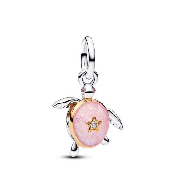 PANDORA 764432C01 Moveable turtle sterling silver and 14k gold-plated dangle with 0.007 ct TW G-I VS+ round brilliant very good cut lab-grown diamond and pink