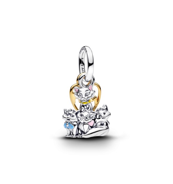 PANDORA 764465C01 Colgante doble de Los Aristogatos de Disney en plata de ley y baño de oro de 14 k con esmalte rosa y azul.