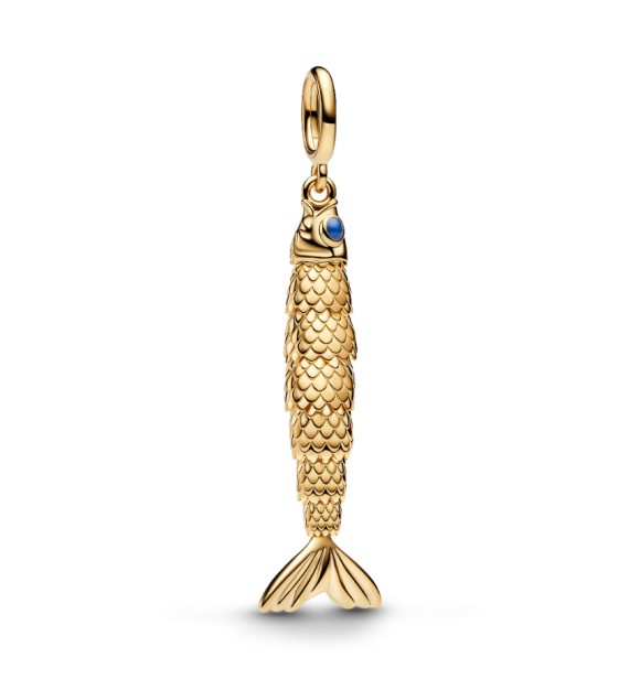 764686C01 Articulated fish 14k gold-plated dangle with blue enamel