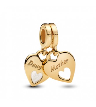 PANDORA 769187C01 Colgante dividido con corazones de madre e hija bañado en oro de 14k con esmalte blanco brillante