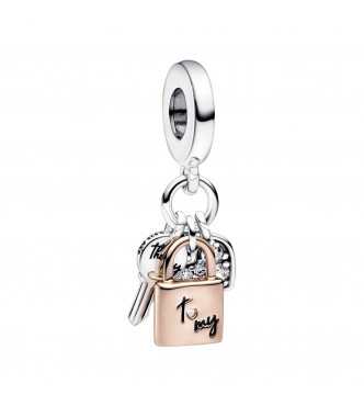 Padlock, key and heart sterling silver and 14k rose gold-plated dangle with clear cubic zirconia and black enamel