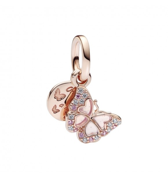 Butterfly 14k rose gold-plated dangle with fancy fairy tale pink and clear cubic zirconia,
 transparent pink plique a jour enamel