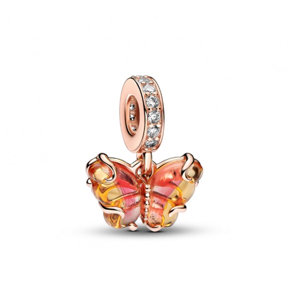 PANDORA 782698C01 Colgante de mariposa chapado en oro rosa de 14k con cristal de Murano bicolor naranja y rosa y circonita cúbica transparente
