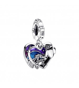 Disney Wall-E and Eve heart sterling silver double dangle with clear cubic zirconia,
 shaded purple to pink and blue glow in the dark enamel