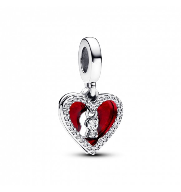 PANDORA 793119C01 Colgante doble de plata de ley con forma de corazón con candado,
 circonita cúbica transparente y esmalte rojo