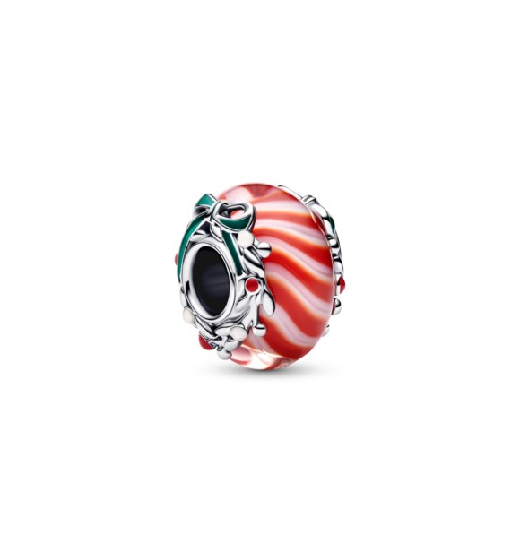 PANDORA 794252C01 Charm de plata de ley con forma de caramelo y cristal de Murano rojo y blanco,
 esmalte blanco, rojo y verde brillante.