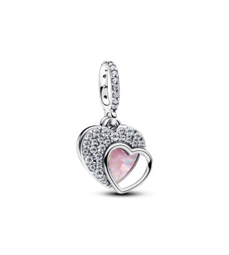 PANDORA 794456C01 Colgante doble de corazón de plata esterlina con circonita cúbica transparente y mosaico rosa de ópalo creado en laboratorio y resina.