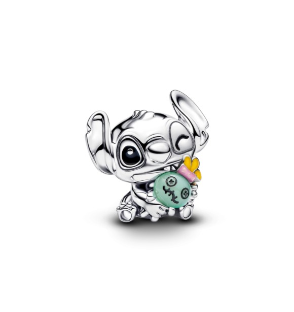 PANDORA 794554C01 Charm de plata de ley de Stitch de Disney con cristal de Murano verde y esmalte negro,
 rosa y amarillo