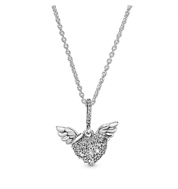 PANDORA COLLAR Heart and wings sterling silver pendant with clear cubic zirconia and necklace