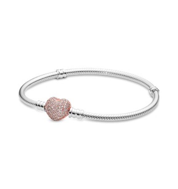 586292CZ-17 Snake chain silver bracelet with 14k rose gold-plated heart clasp and clear cubic zirconia