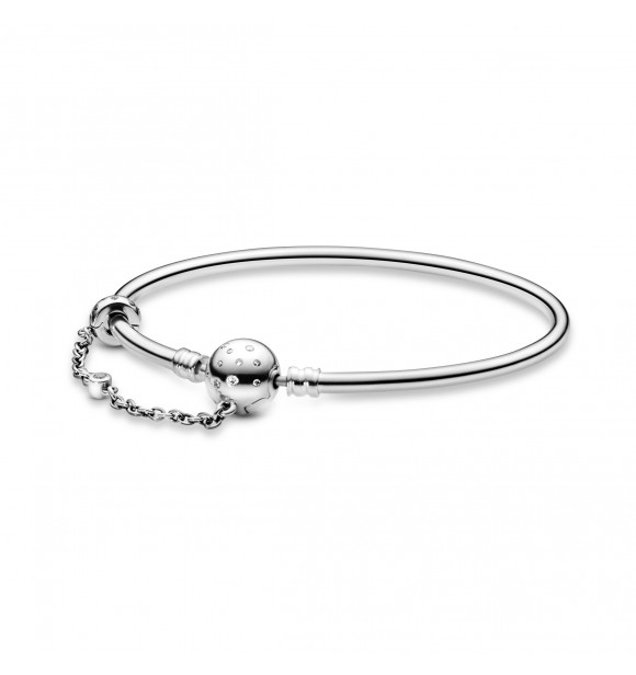 PANDORA Silver bangle with clear cubic zirconia and chain with clip detail
