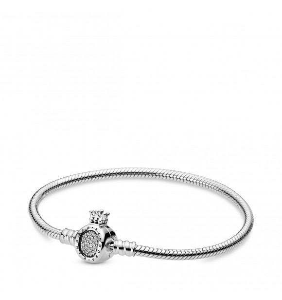 PANDORA Snake chain sterling silver bracelet and crown O clasp with clear cubic zirconia