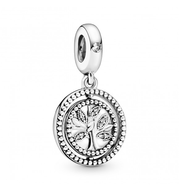 PANDORA Spinning tree of life silver dangle with clear cubic zirconia and white enamel