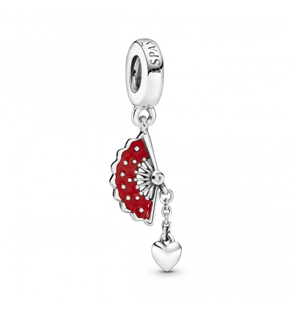 PANDORA Spanish fan silver dangle with clear cubic zirconia and red enamel