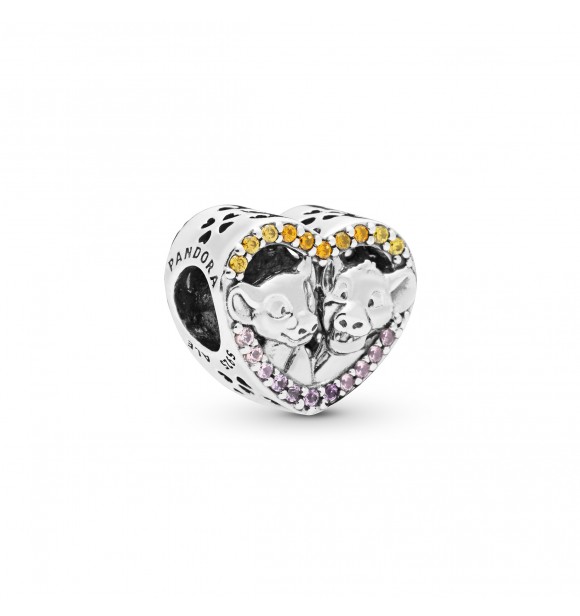 Pandora Disney Simba and Nala silver heart charm with rose pink crystal, orange and honey CZ and synthetic pink sapphire