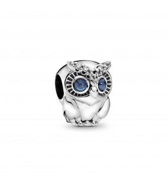 PANDORA Owl sterling silver charm with bright cobalt blue crystal and clear cubic zirconia