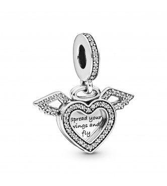 PANDORA CHARM Heart and wings sterling silver dangle with clear cubic zirconia