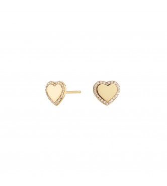 Pendiente de botón de plata chapado en oro amarilo con circonitas con forma de corazón