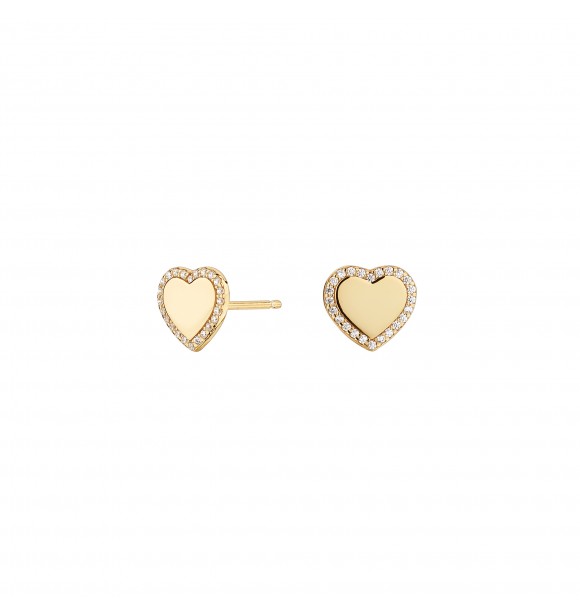 Pendiente de botón de plata chapado en oro amarilo con circonitas con forma de corazón