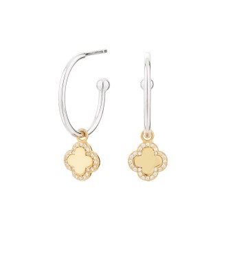Pendiente de aro de plata con colgante en forma de flor chapado en oro amarillo y circonitas